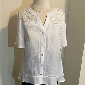 NWT Kim Rogers White Lace Detail Blouse